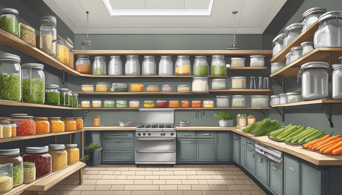 A spacious kitchen with shelves of neatly labeled jars, a large work surface for prepping produce, and a dedicated area for canning equipment