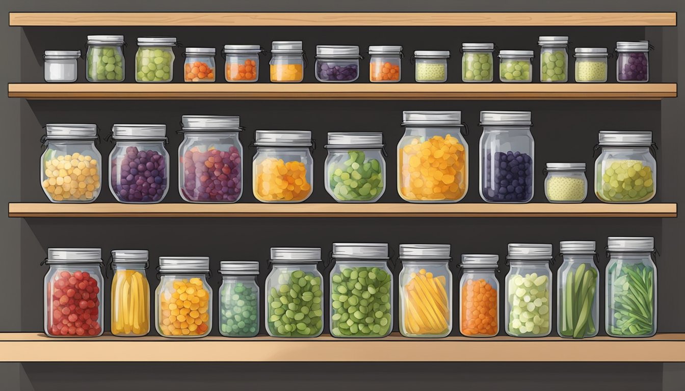 A well-organized kitchen canning station with neatly arranged jars, labeled ingredients, and a sturdy work surface for preparing and filling the jars