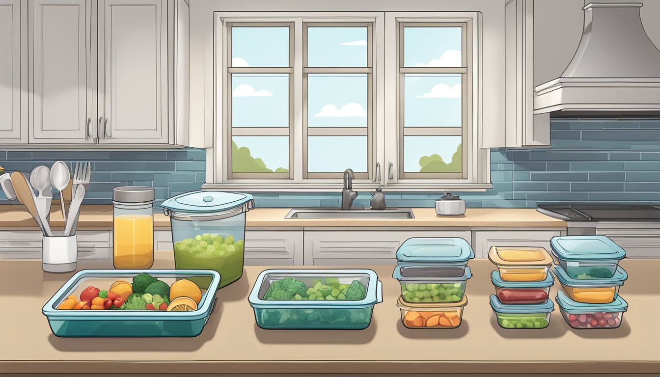 A clean, organized kitchen with neatly arranged meal prep containers, a timer set for the eating window, and a clear space for mindful eating