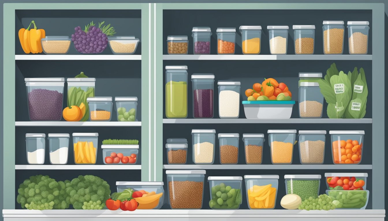 A neatly organized kitchen with labeled containers of fresh produce, grains, and proteins. A calendar on the wall marks fasting days