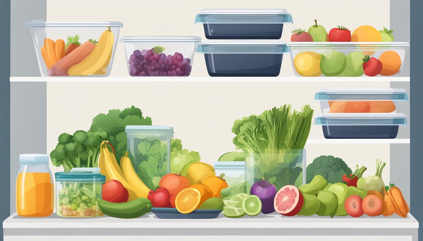 A well-organized kitchen with labeled containers for meal prepping, a variety of fresh fruits and vegetables, and a clear space for intermittent fasting schedule