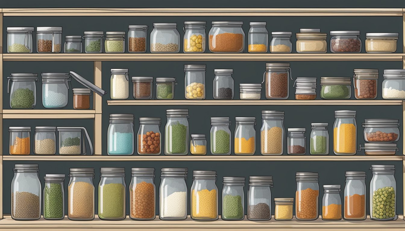 A kitchen counter with neatly arranged canning supplies, including jars, lids, labels, and tools. Shelves hold spices, recipe books, and a pressure canner