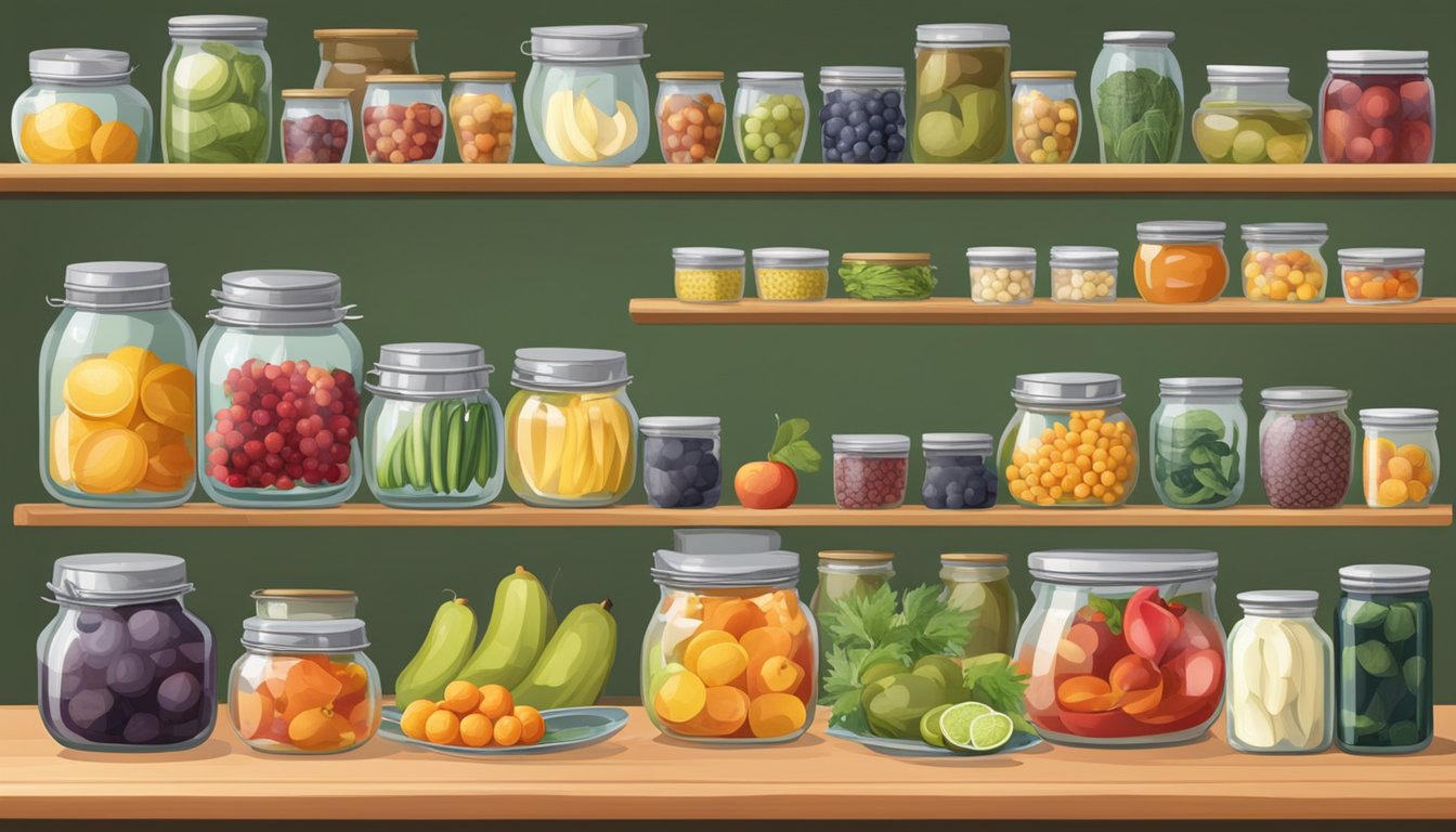 A spacious kitchen counter with neatly arranged canning supplies, including jars, lids, labels, and a variety of preserved fruits and vegetables