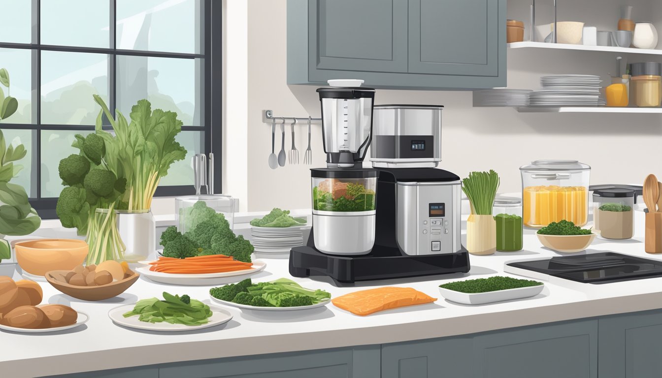 A modern, organized kitchen with a sous vide machine set up on the counter. Ingredients and utensils neatly arranged for a dinner party