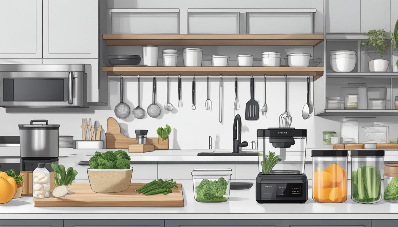 A clean, organized kitchen with a sous vide set up on the counter. Ingredients and utensils neatly arranged for easy access