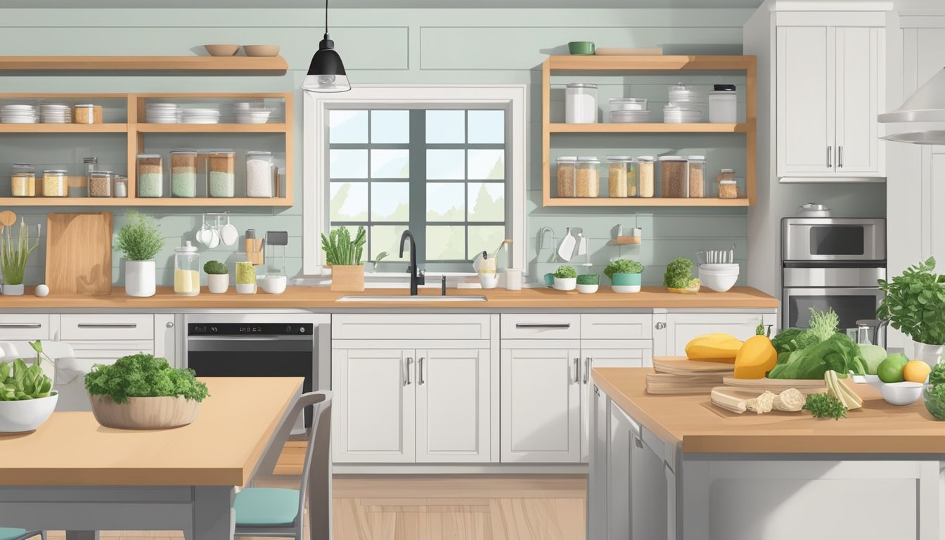 A well-organized kitchen with labeled low fodmap ingredients, clear containers, and a clutter-free countertop