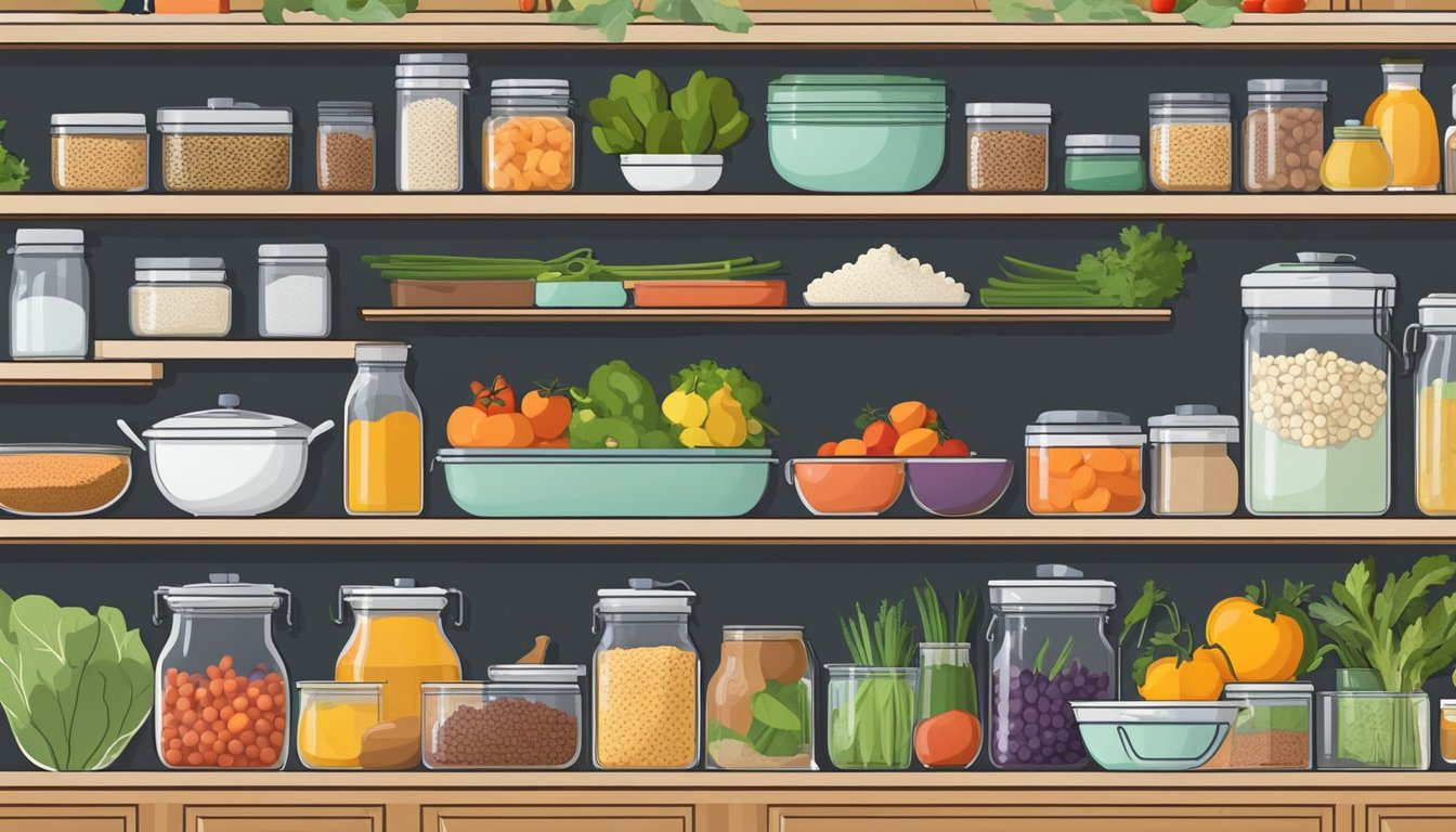 A well-organized kitchen with an abundance of fresh fruits, vegetables, grains, and legumes neatly arranged in clear, labeled containers. A variety of colorful cookbooks and plant-based cooking utensils are displayed on open shelves