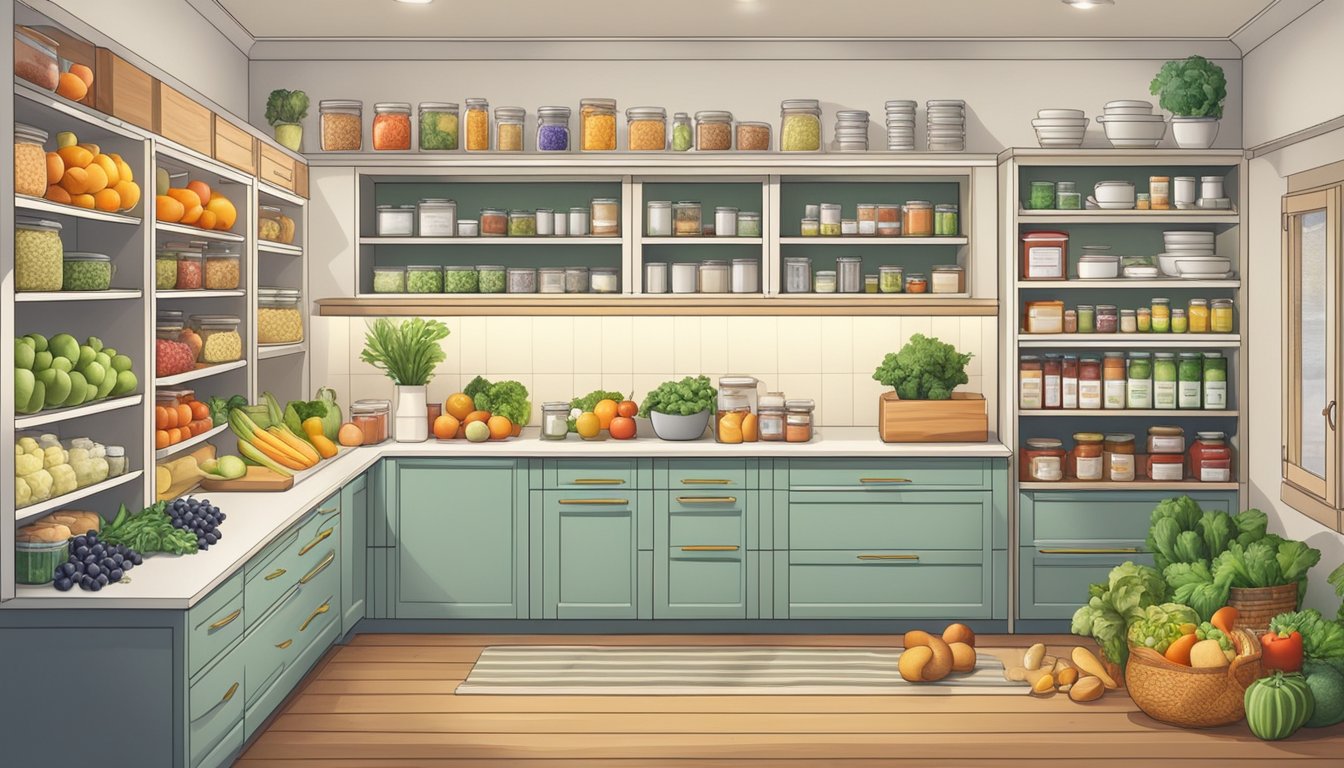 A well-organized kitchen with labeled containers of low FODMAP ingredients on shelves and in drawers, alongside a colorful array of fresh fruits and vegetables