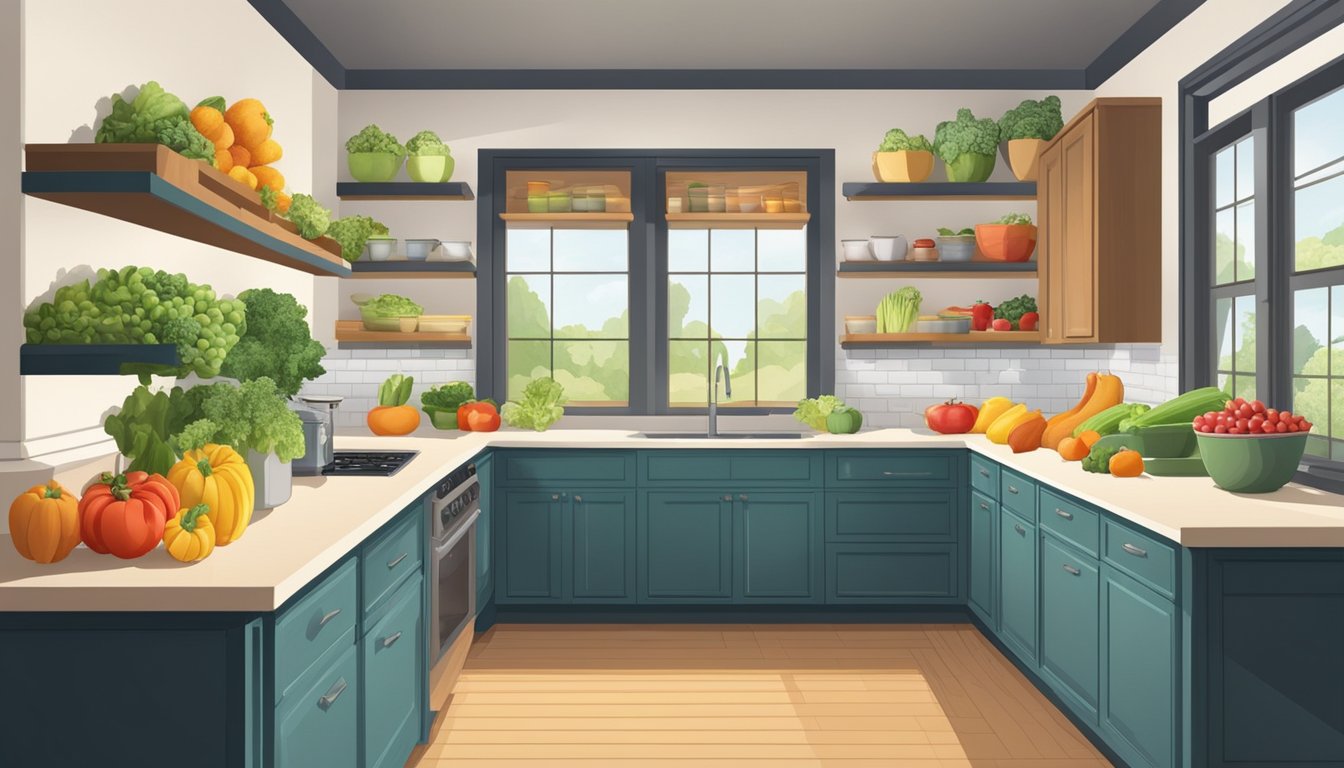 A bright, spacious kitchen with neatly organized shelves stocked with fresh produce, grains, and legumes. A variety of colorful fruits and vegetables are displayed on the counter, ready for meal preparation