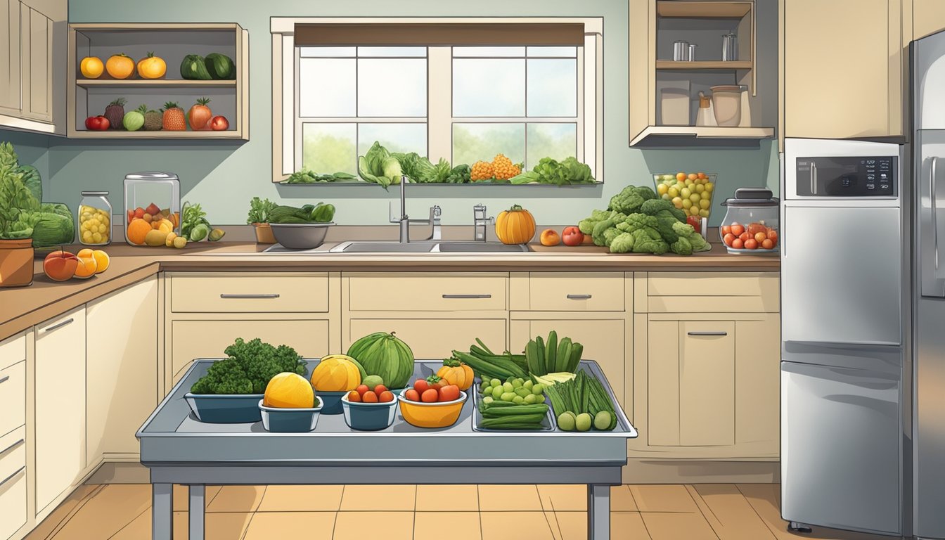 A well-lit kitchen counter with a variety of fruits and vegetables neatly arranged on trays, a dehydrator machine, and containers for storing the dehydrated produce