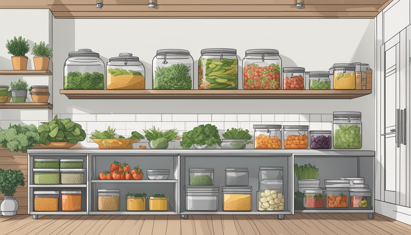 A clean, spacious kitchen counter with a variety of dehydrating equipment neatly arranged and labeled for easy access. Shelves stocked with jars of fruits, vegetables, and herbs ready for processing