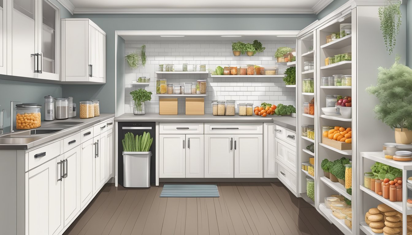 A well-organized kitchen with labeled containers of low FODMAP foods, a clear pantry layout, and a fridge stocked with fresh produce and dairy alternatives