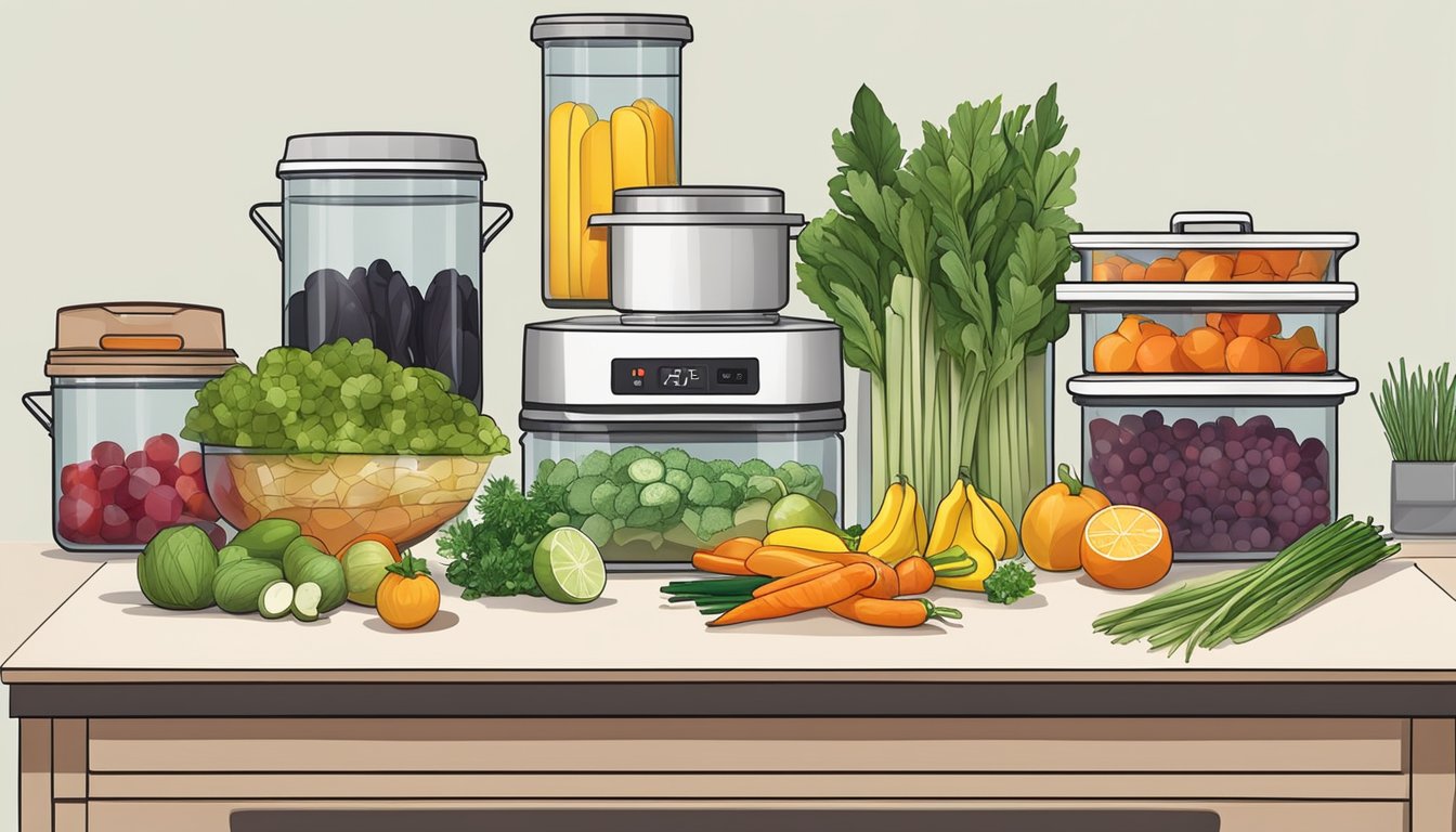 A kitchen counter with dehydrator, cutting board, knives, and various containers for organizing dehydrated fruits, vegetables, and herbs