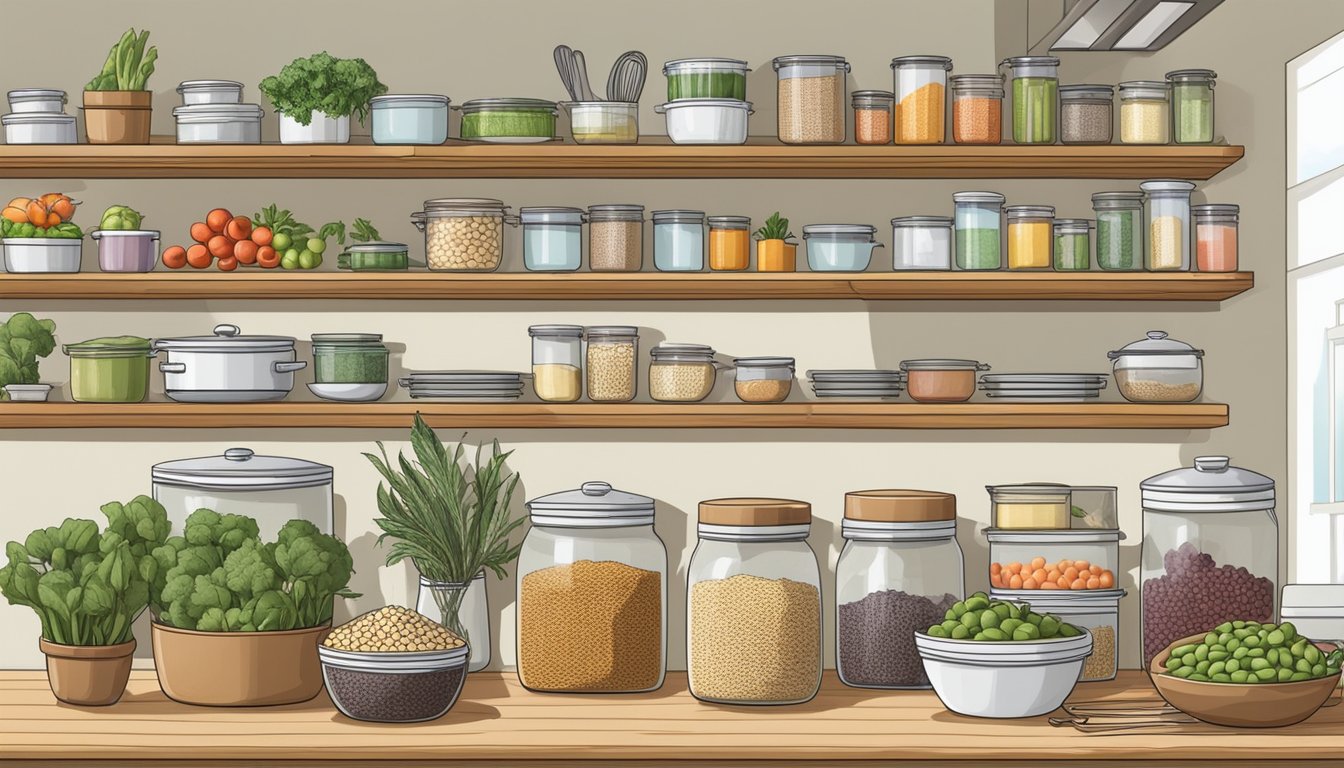 A well-organized kitchen with labeled containers of fresh produce, grains, and legumes. Shelves neatly stacked with cookbooks and smart storage solutions for utensils and kitchen gadgets