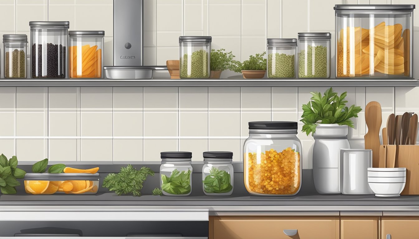 A clean kitchen counter with a dehydrator, cutting board, and knife. Shelves with neatly organized jars of dried herbs and fruits