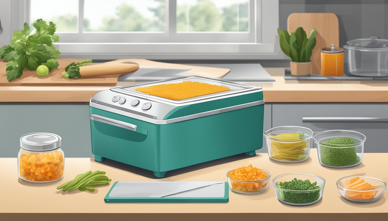 A kitchen counter with dehydrator, cutting board, knife, and containers for storing dehydrated food items