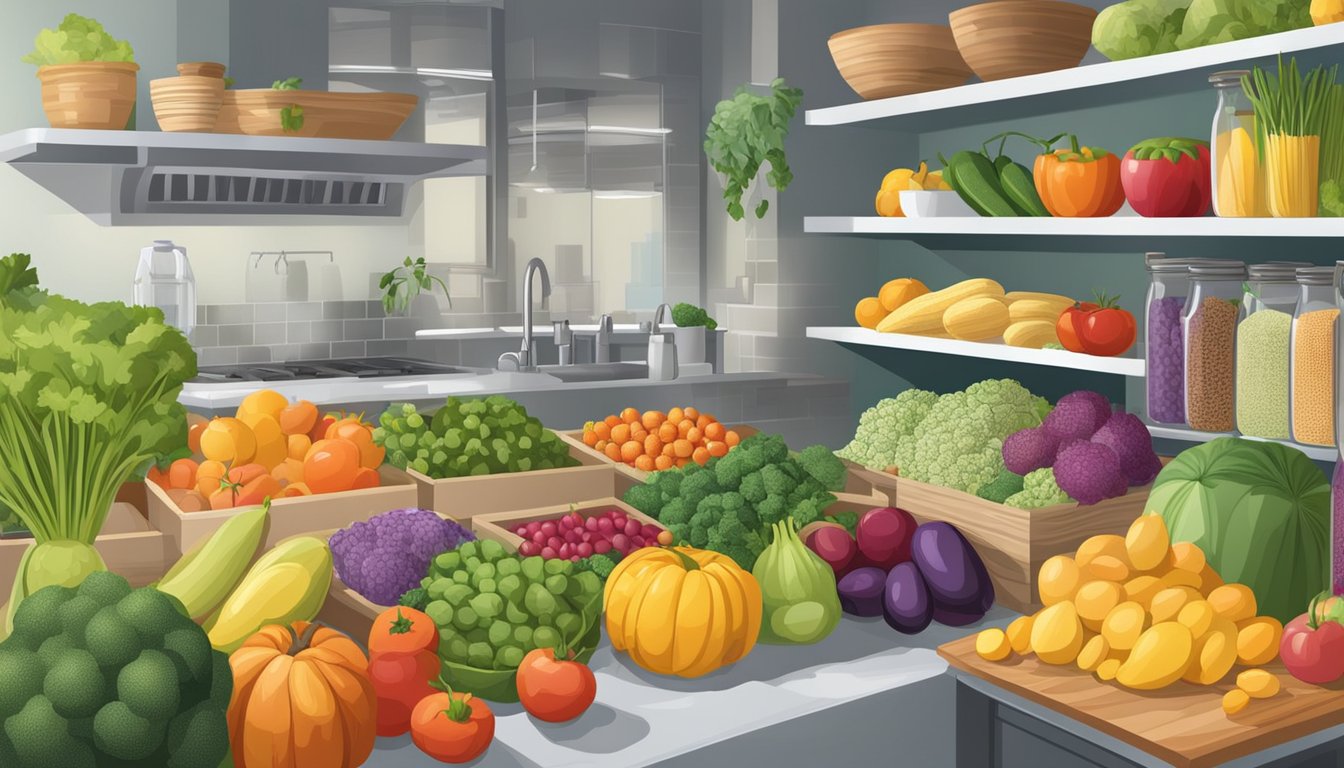 A well-organized kitchen with an abundance of fresh fruits, vegetables, grains, and legumes. A variety of colorful produce neatly stored in designated areas