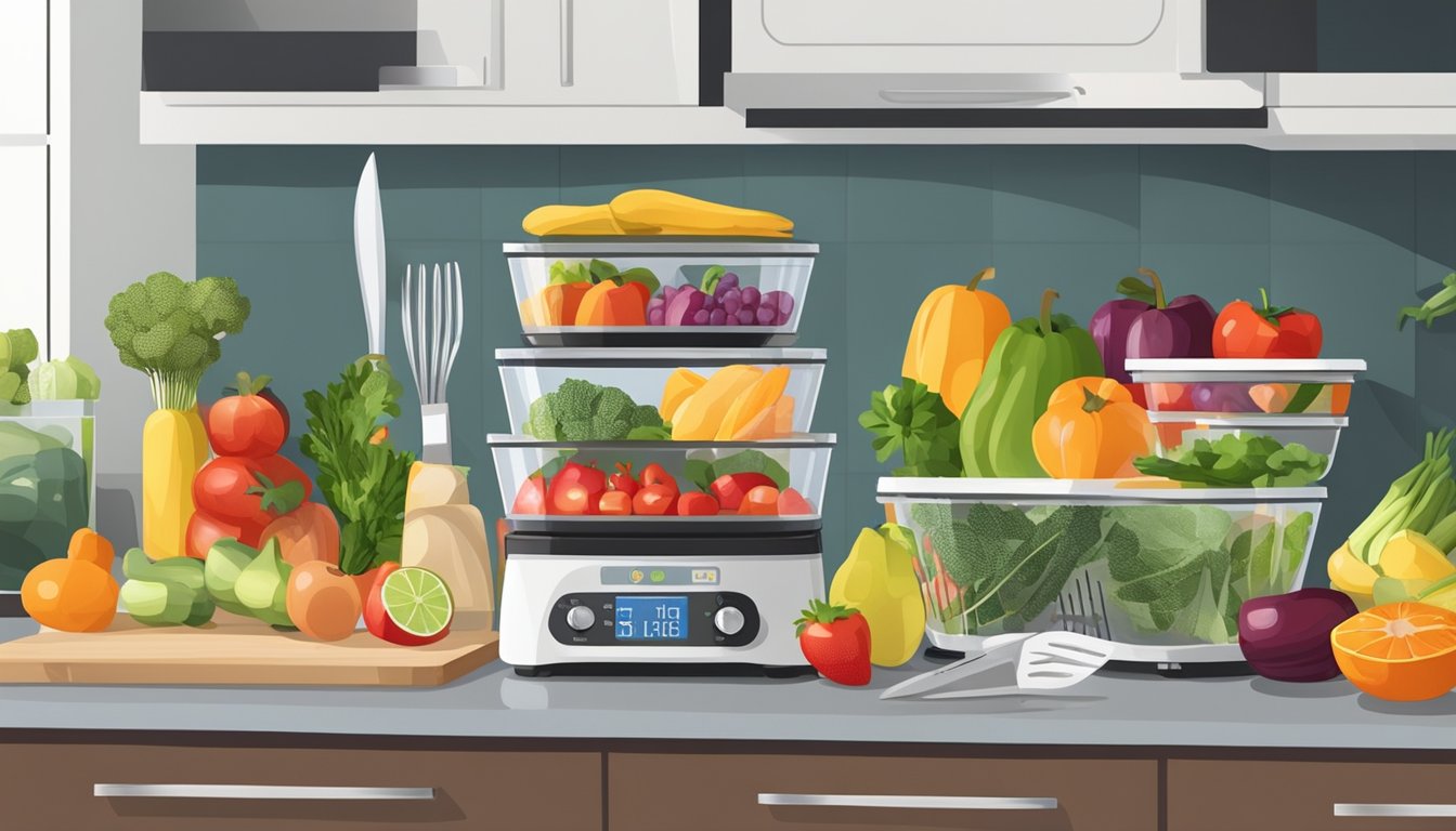 A kitchen counter with a dehydrator, cutting board, knives, and various fruits and vegetables neatly organized in baskets and containers