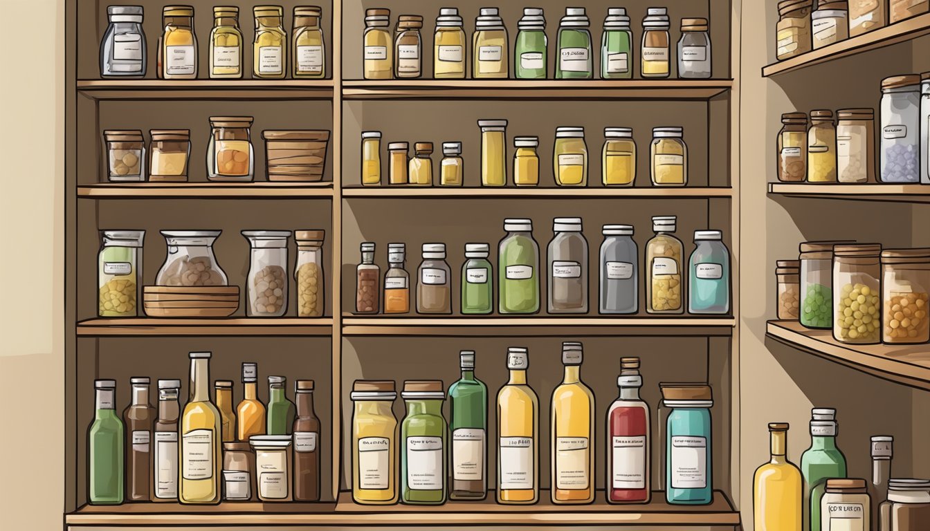 An organized pantry with labeled shelves and racks for storing various oils and vinegars