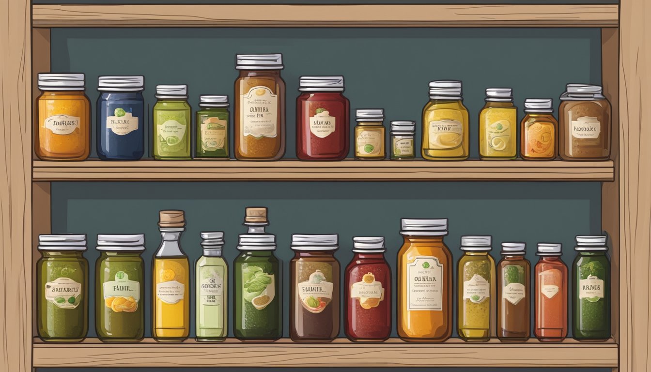 A neatly organized pantry shelf with labeled jars of various oils and vinegars