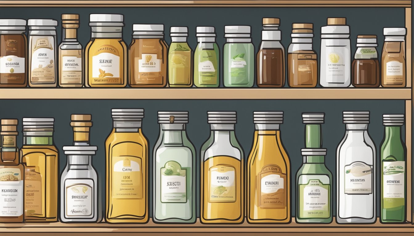 A neatly organized pantry shelf with labeled containers holding various oils and vinegars, utilizing space-saving storage solutions