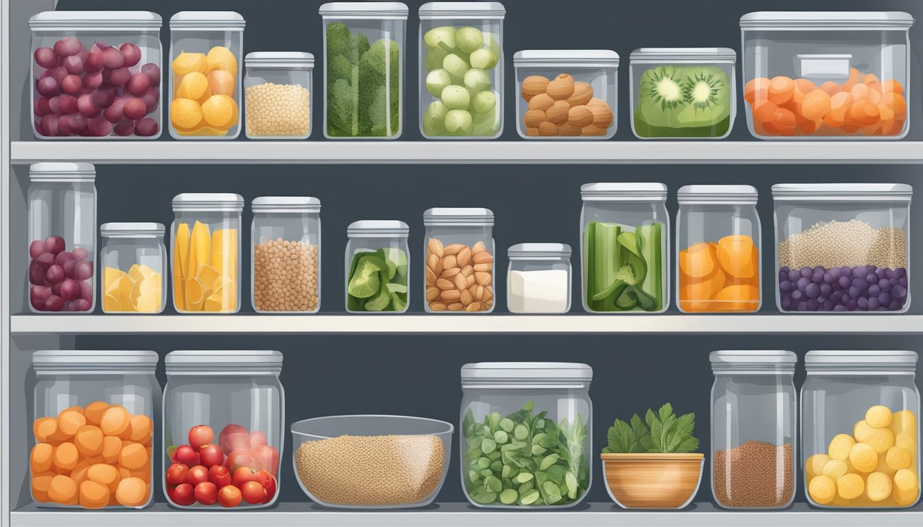 A kitchen with a variety of fresh fruits, vegetables, whole grains, and plant-based proteins neatly organized in clear containers and labeled shelves