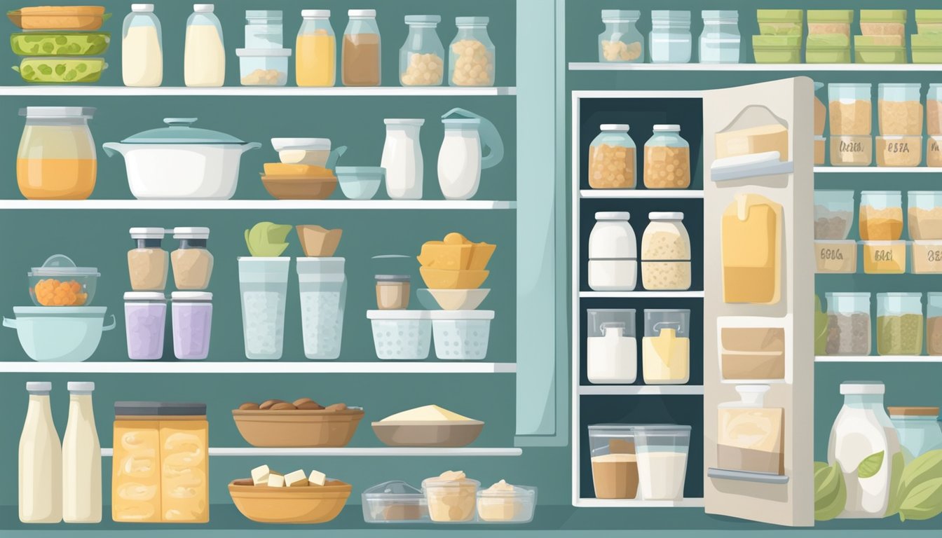 A kitchen with labeled dairy-free products, non-dairy milk, and dairy-free cooking utensils neatly organized in a pantry