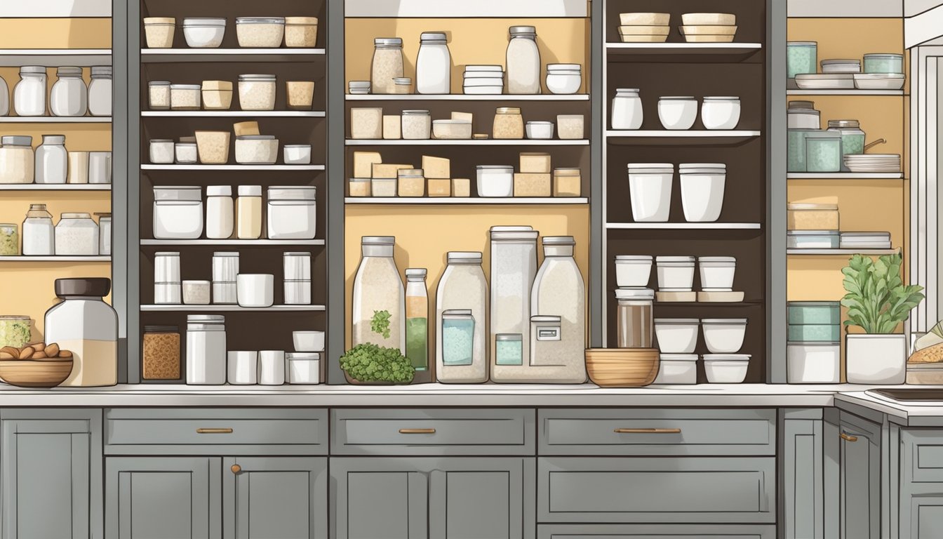 A kitchen with labeled shelves and drawers filled with dairy-free alternatives like almond milk, coconut yogurt, and vegan cheese