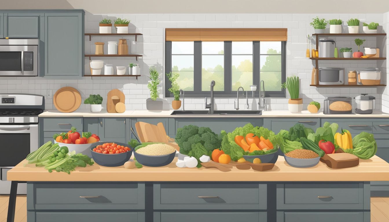 A well-organized kitchen with a mix of fresh produce, whole grains, and lean proteins. A variety of cooking utensils and appliances are neatly arranged for flexitarian-friendly meal preparation