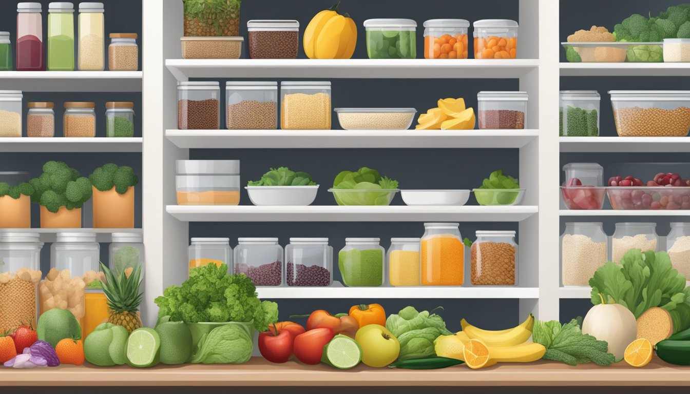 A kitchen with a variety of fresh fruits, vegetables, whole grains, and plant-based proteins neatly organized on shelves and in the fridge