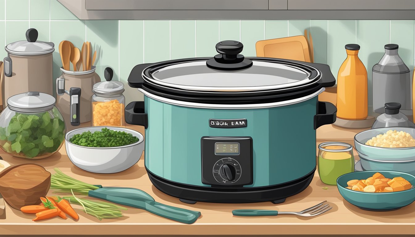 A clean, clutter-free kitchen counter with a plugged-in slow cooker surrounded by neatly arranged ingredients and utensils