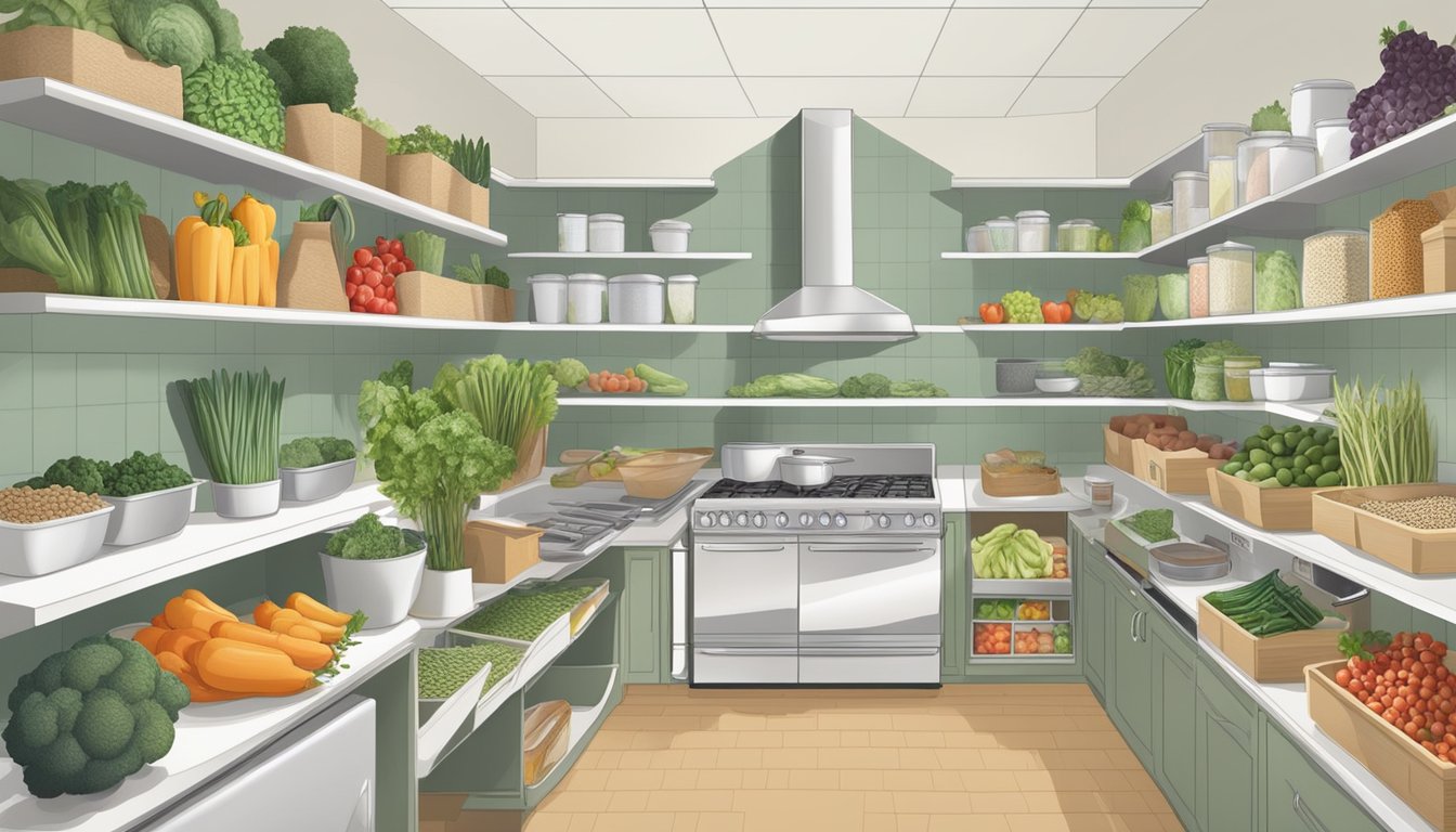 A well-organized kitchen with a variety of fresh produce, grains, and plant-based proteins neatly arranged in labeled containers and baskets