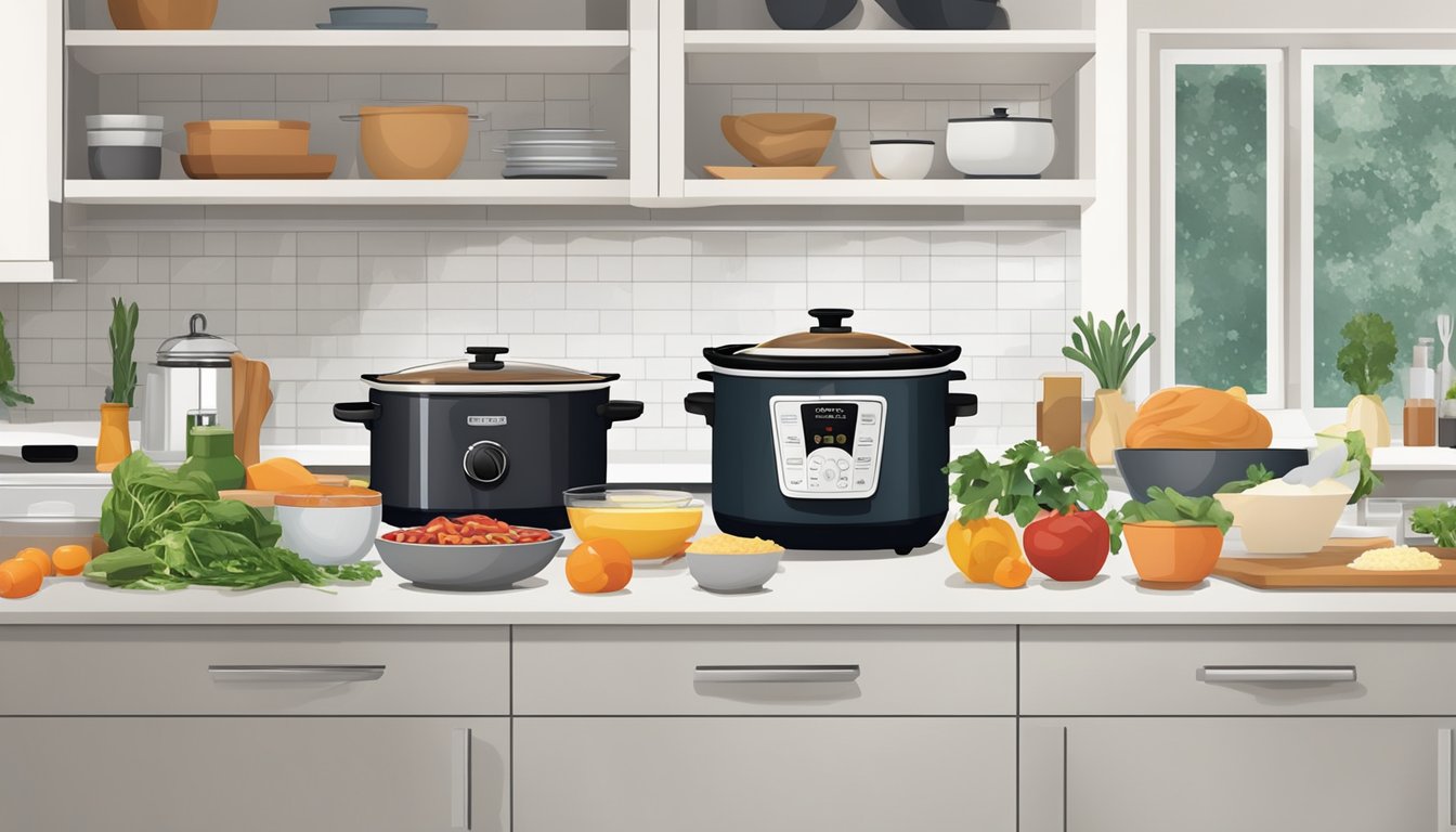 A well-organized kitchen with a neatly arranged slow cooker, prepped ingredients, and clean countertops for a dinner party