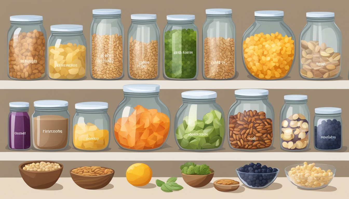 A well-organized kitchen with labeled dairy-free ingredients, fresh fruits and vegetables, and a variety of nuts and seeds neatly arranged in clear containers