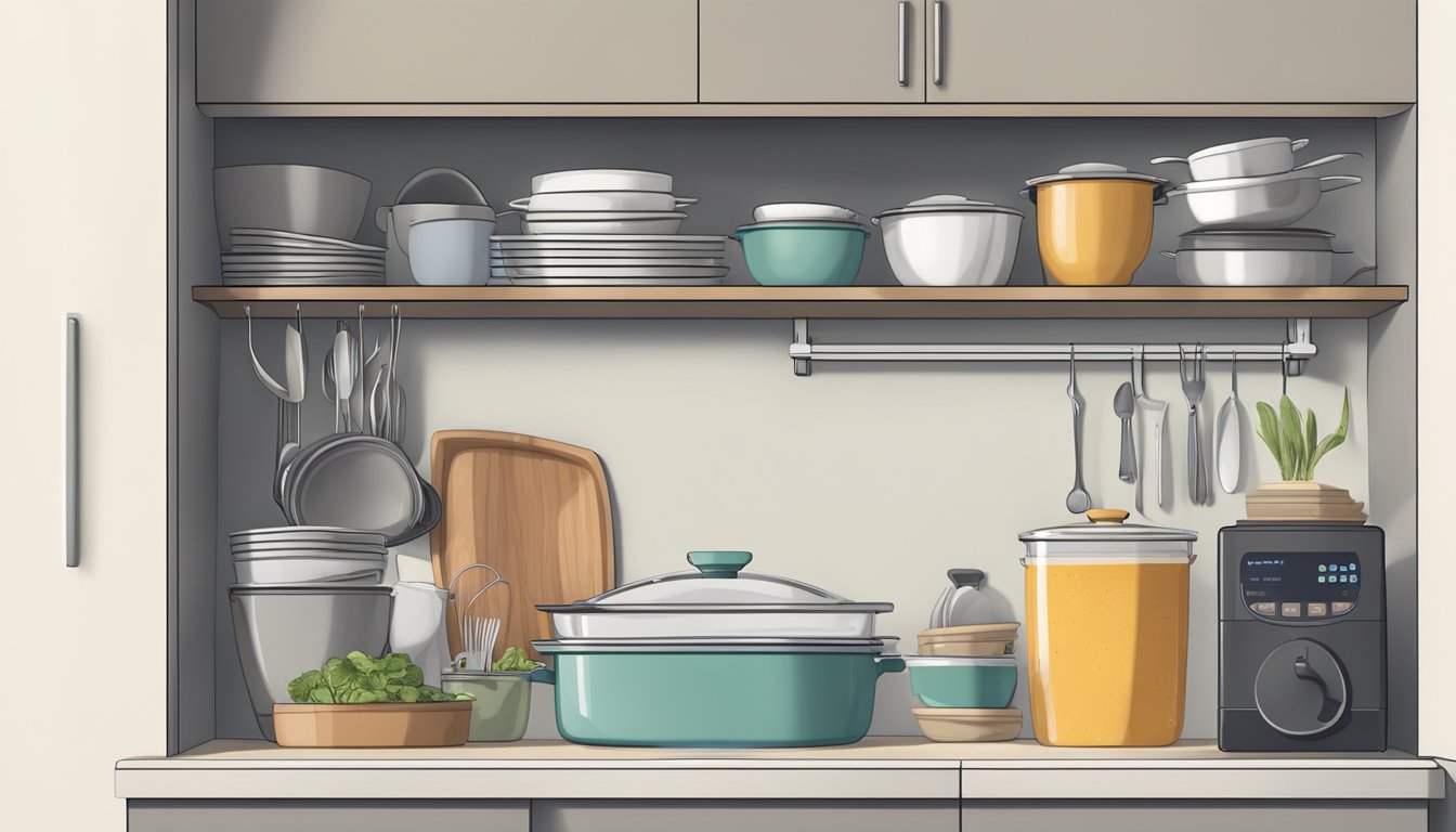 Kitchen counter cluttered with dirty dishes, utensils, and slow cooker. Cabinets open with organized storage containers and neatly stacked serving dishes