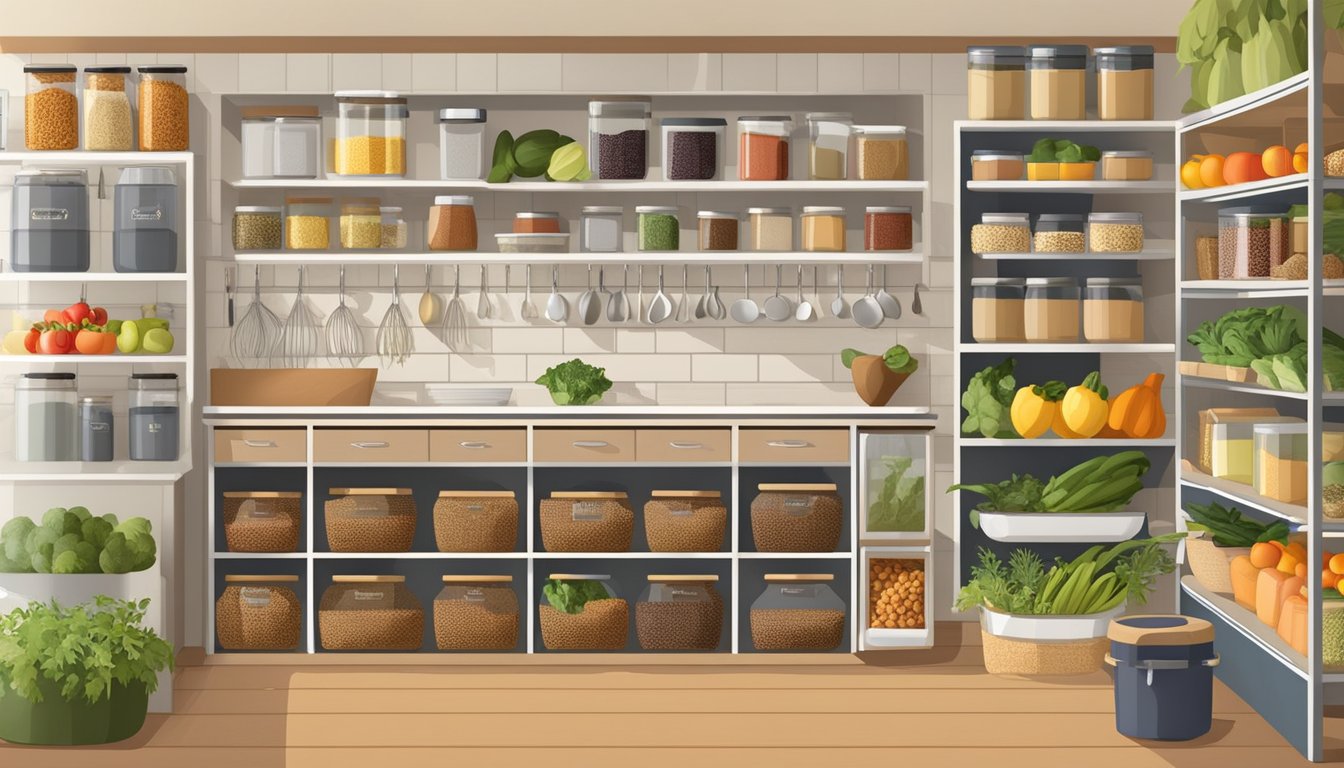 A well-organized kitchen with a variety of fresh fruits, vegetables, grains, and legumes neatly arranged in labeled containers and baskets. Spices and herbs are displayed on a spice rack, and cookbooks are neatly stacked on a shelf