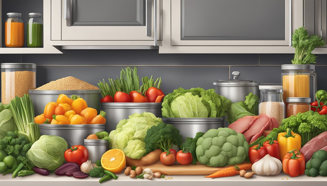 A kitchen with a variety of fresh vegetables, grains, and meats organized into separate sections to illustrate a flexitarian diet