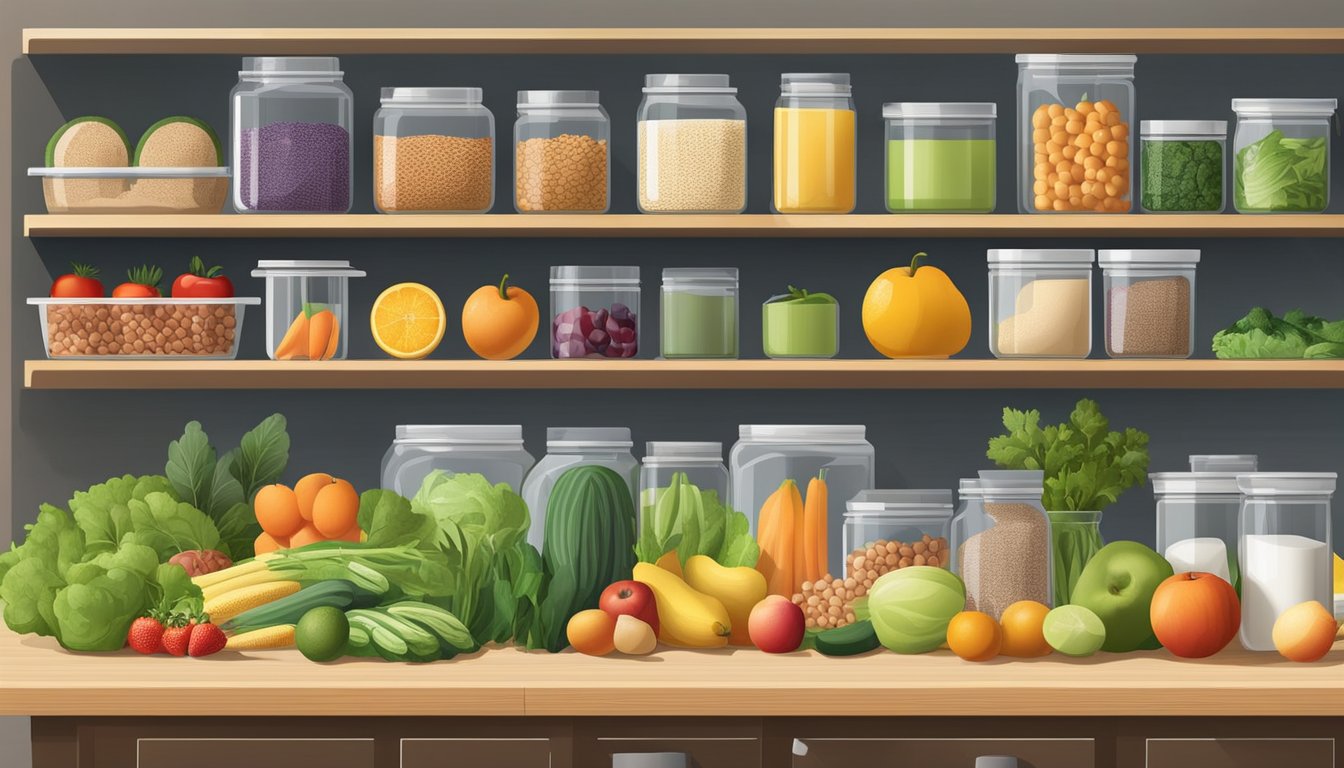 A well-organized kitchen with a variety of fresh fruits, vegetables, whole grains, and plant-based proteins neatly arranged in pantry and fridge