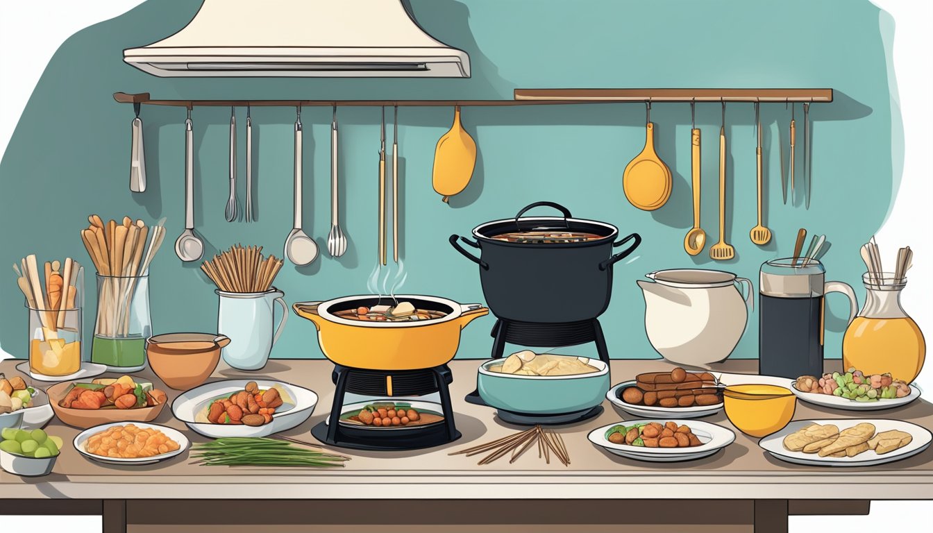 A clean, organized kitchen counter with a fondue pot, skewers, plates, and various dipping ingredients neatly arranged