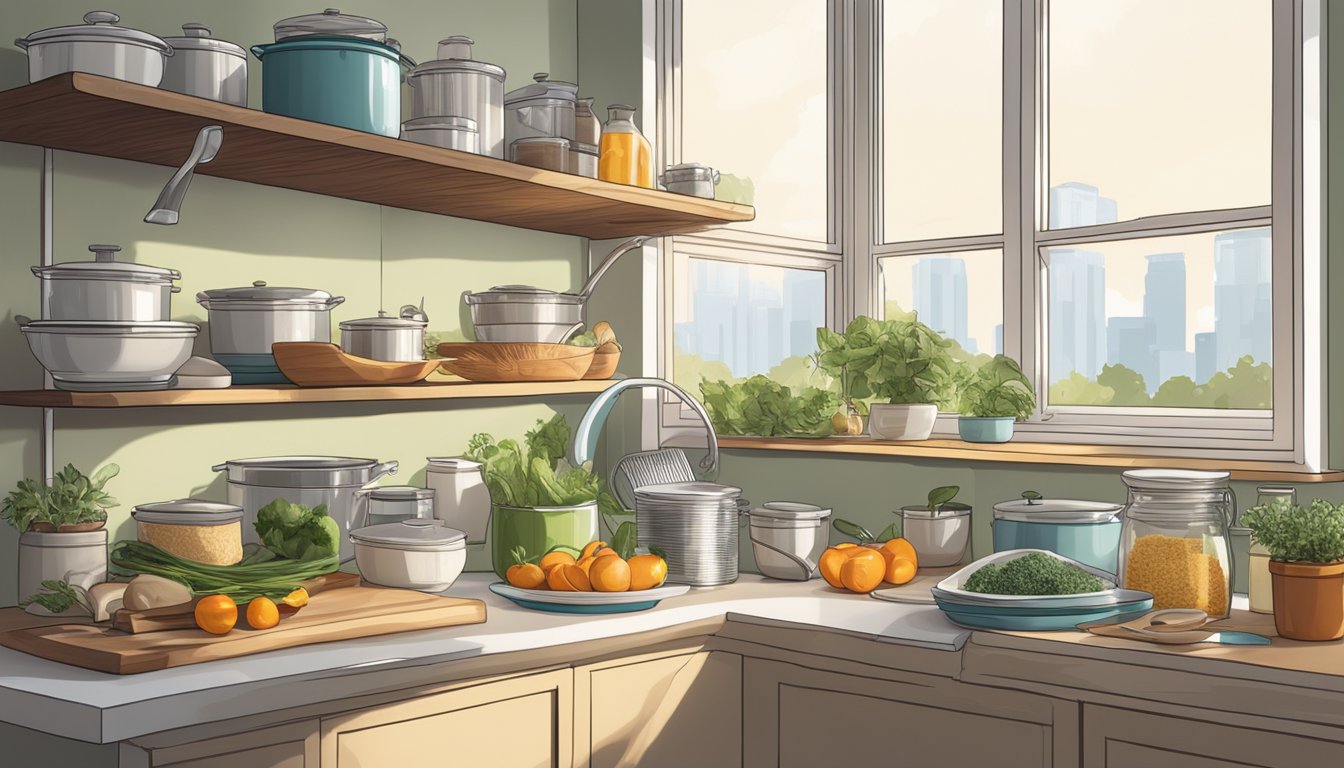 A well-organized kitchen with shelves of neatly arranged primal diet-friendly ingredients and cookware, with natural light streaming in through the window