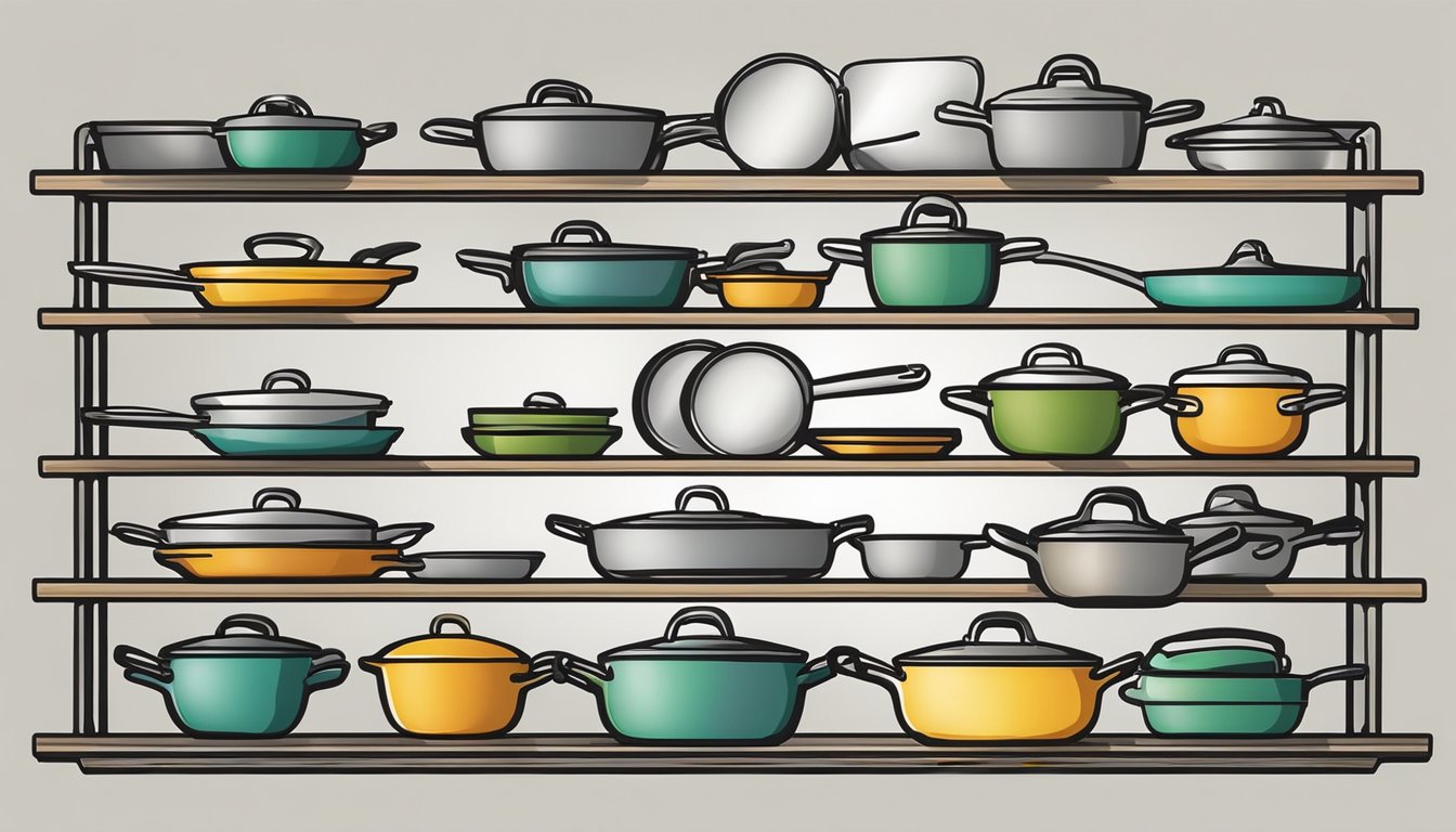 A neatly organized kitchen shelf displays a collection of gleaming cast iron cookware, each pan carefully nested within another for efficient storage