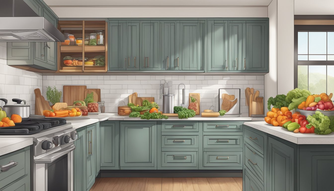 A well-organized kitchen with fresh produce, lean meats, and nuts neatly arranged in cabinets and on countertops. A focus on high-quality, primal diet ingredients