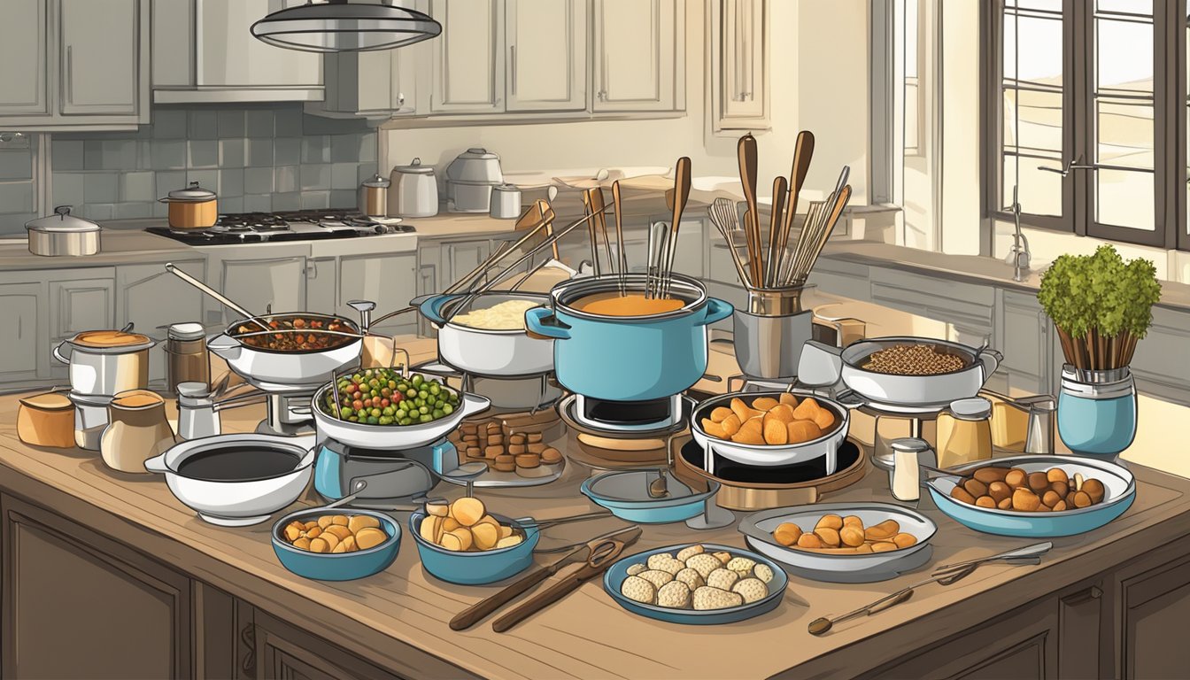 A clean, organized kitchen fondue station with neatly arranged fondue pots, skewers, dipping items, and serving utensils on a decorative table