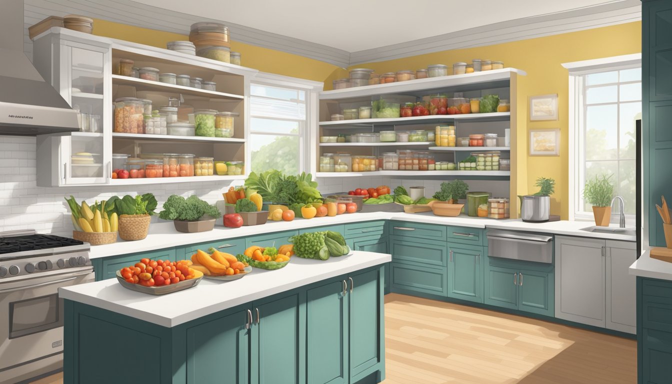 A kitchen with organized shelves of fresh produce, a clutter-free countertop, and labeled storage containers for primal diet ingredients