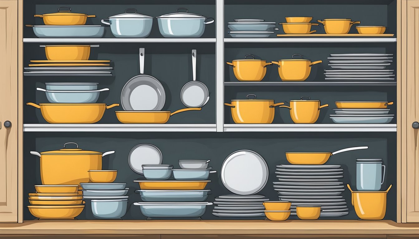 A neatly organized kitchen cabinet with rows of cast iron pans stacked on top of each other, with a layer of protective cloth in between each pan