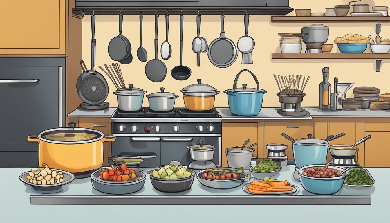 A clean, organized kitchen with a dedicated fondue station set up with pots, skewers, and various ingredients for fondue recipes and variations