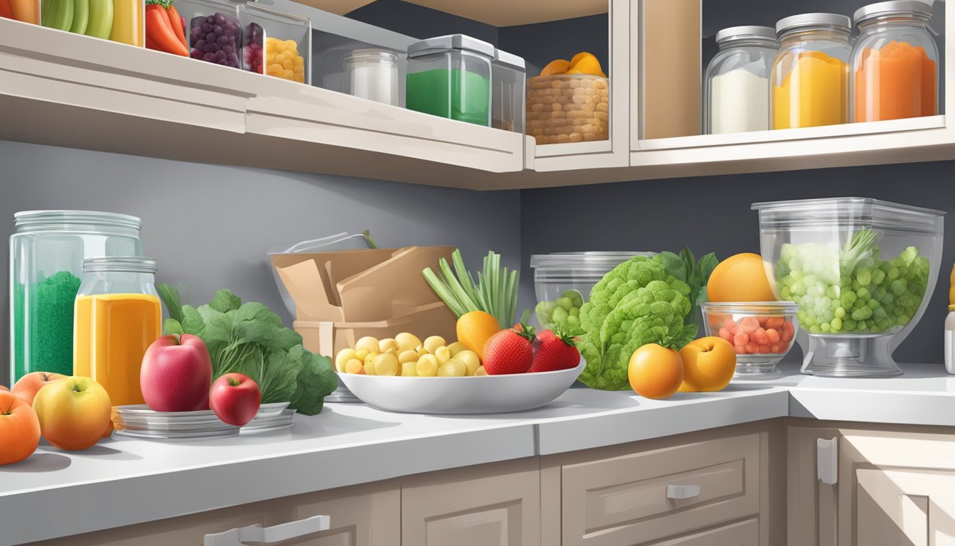 A kitchen with organized shelves and cabinets filled with sugar-free ingredients such as fresh produce, lean proteins, whole grains, and sugar substitutes. A clear and clutter-free countertop with a bowl of colorful fruits and vegetables