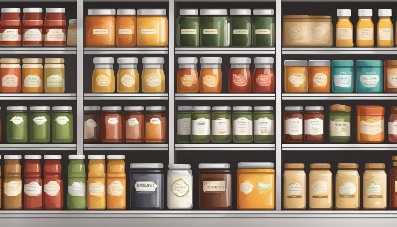 Various condiments and sauces neatly organized on adjustable shelving units within a spacious pantry. Labels facing forward for easy identification