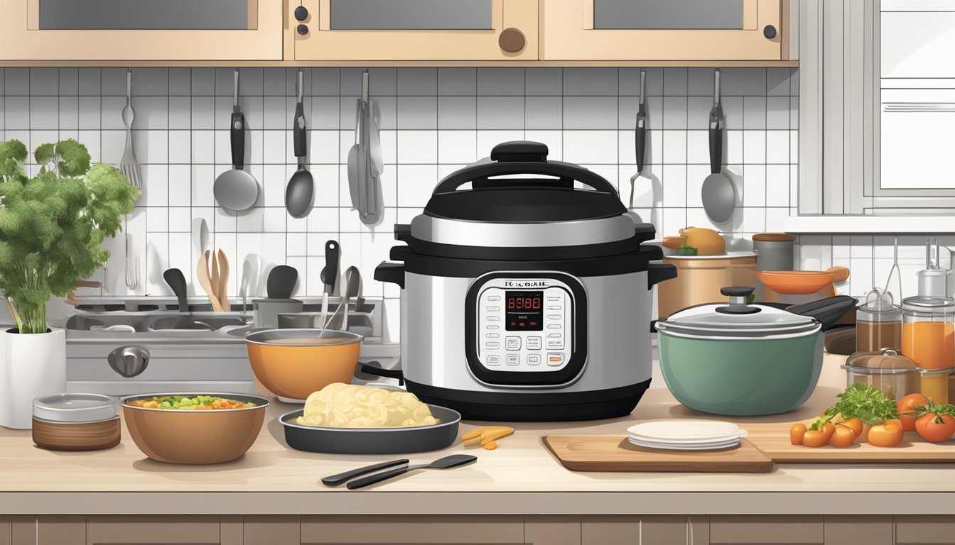 A clean, organized kitchen with a pressure cooker on the counter, surrounded by neatly arranged ingredients, utensils, and dinnerware for a dinner party