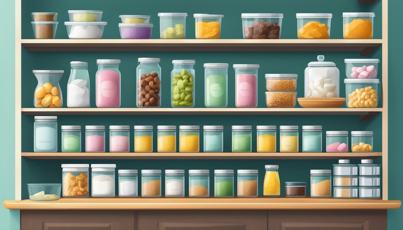 A kitchen with labeled containers for sugar-free ingredients, organized shelves, and a clear separation between sugary and sugar-free products